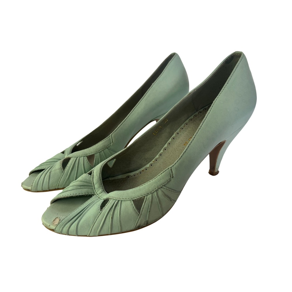 Stylesnob Mint Green Leather Peep Toe Pleated Kitten Heels Pumps Size 39